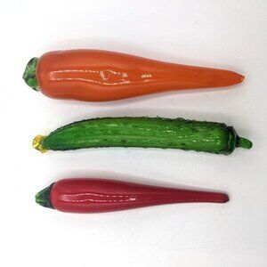 Hand Blown Glass Vegetable Set Of 3 Carrot Chili Pepper Cucumber Pickle